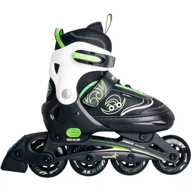 Inline skates Muuwmi 682 adjustable size 33–36 roheline/Must with protector set