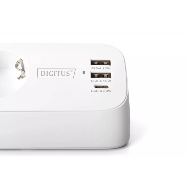 Pistikupesadega pikendusjuhe DIGITUS 3-ooline, 2×USB-A ja 1×USB-C, 3 vahelduvvoolu pistikupesa tüüp E/F, 1,5 m kaabel, valge