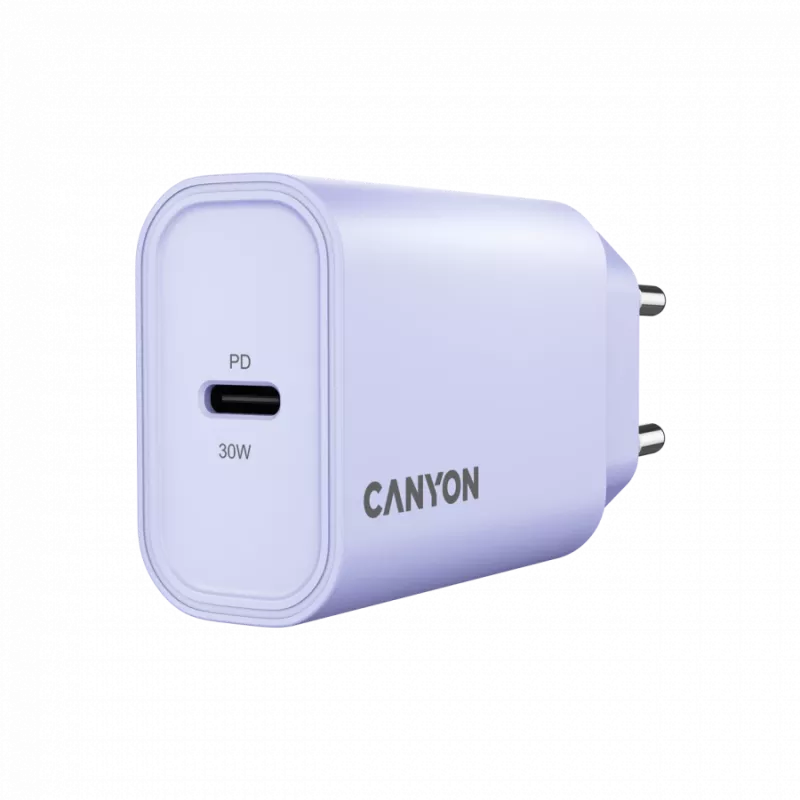 Seinalaadija CANYON OnCharge 30CL, 30 W USB-C PD, 1x PD-väljund, EL-pistik, lilla