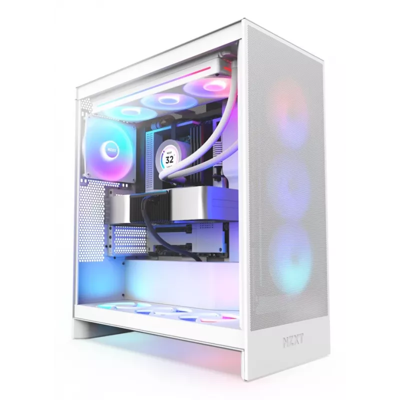 PC Case NZXT H7 Flow RGB Midi Tower Valge — karastatud klaas, EATX, ees 3×120mm, USB-C