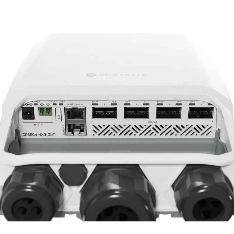 Mikrotik CRS504-4XQ-OUT võrgulüliti, hallatav L3, Fast Ethernet (10/100), Power over Ethernet (PoE), 1U, valge