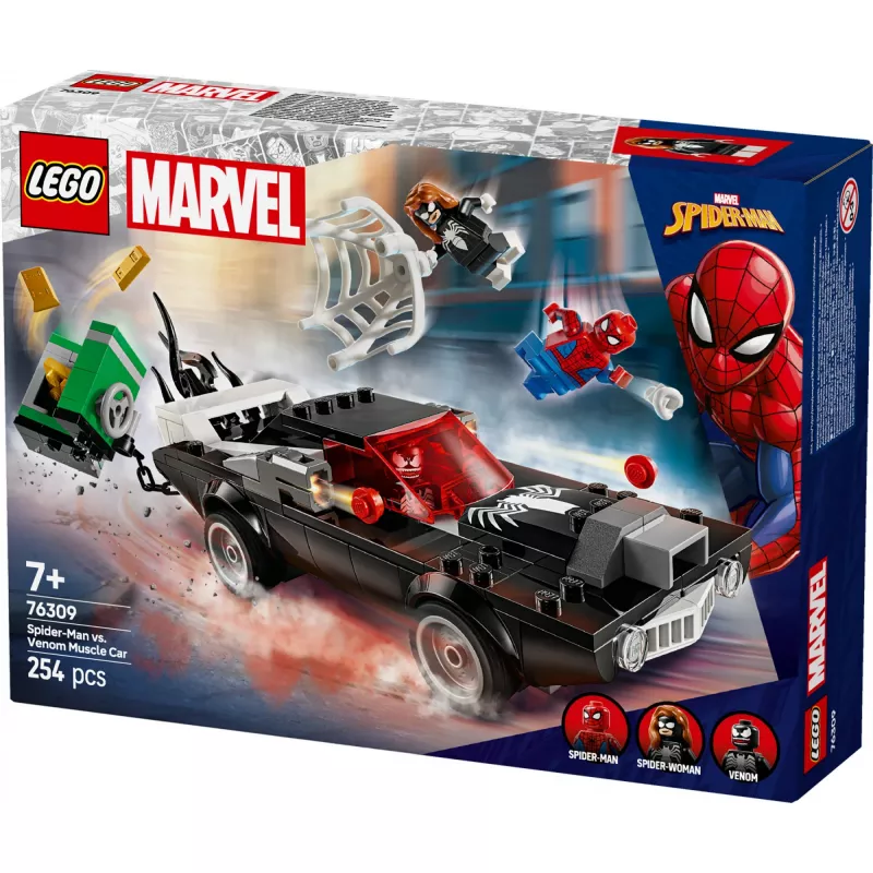 Ehituskomplekt LEGO Marvel Super Heroes Spider-Man vs. Venom Muscle Car 76309 — 254 tükki, 3 minifiguuri, vanus 7+