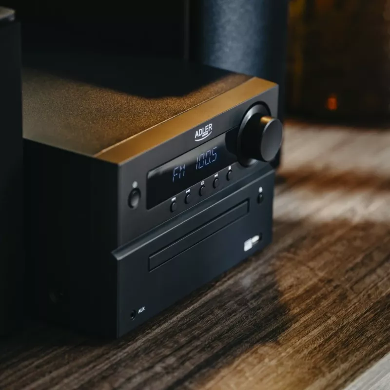 Mini Hi‑Fi stereosüsteem Adler AD 1917 — Bluetooth V5.3, CD/USB/MP3, 2×25W RMS, FM-tuuner, 4‑ribaline ekvalaiser, AUX, must