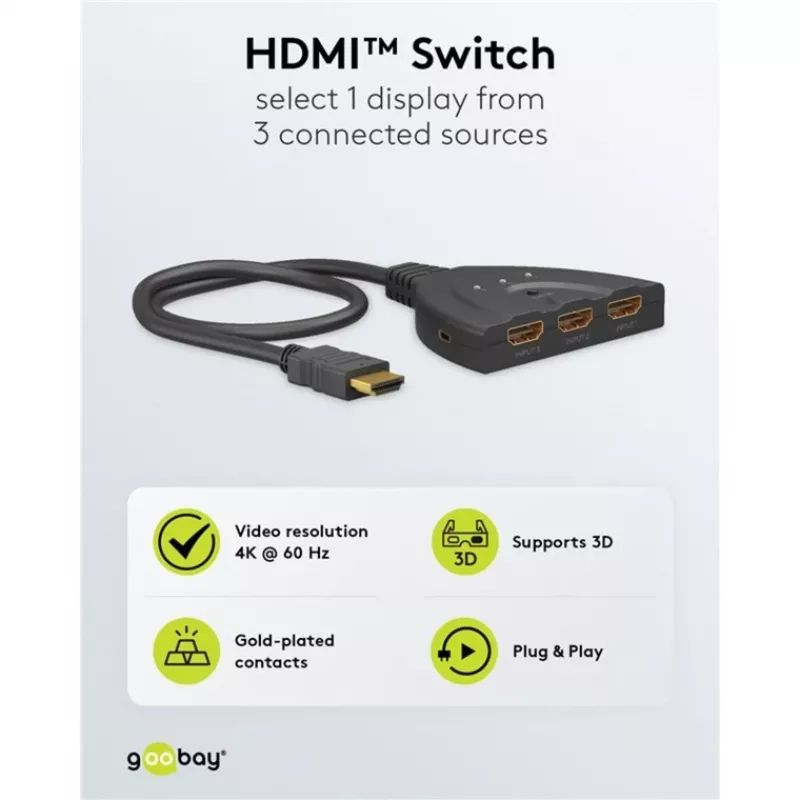 HDMI-Umschaltbox 3 to 1 (4K @ 60Hz), HDMI-lüliti (must, 55 cm kaabel)