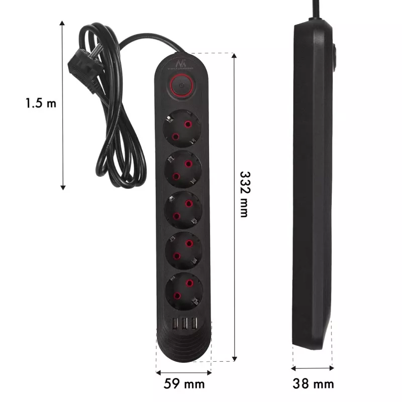Pistikupesa MACLEAN MCE395 B — 5 pistikupesa, 3×USB, 110–240V AC, 2.1A USB, 2500W, 1.5 m kaabel, must
