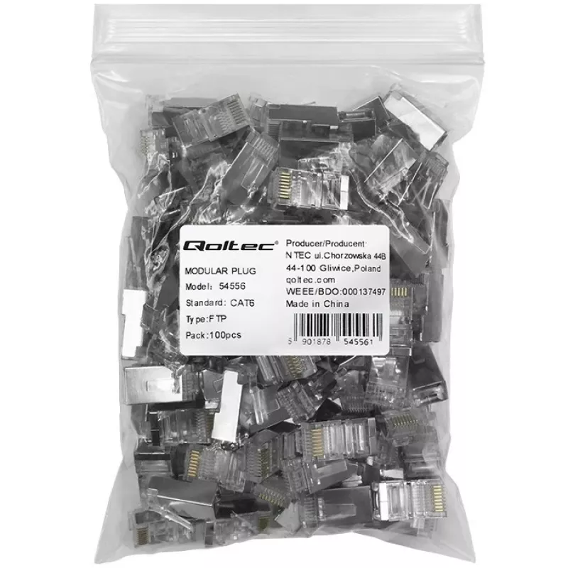 RJ45 modulaarpistik QOLTEC 54556 CAT6 FTP, hõbedane, 18×22×11 mm, 100 tk pakendis