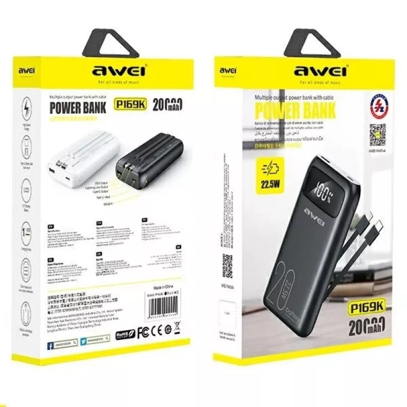 Akupank 20000mAh P169 K 22.5W USB-C + Apple kaabel