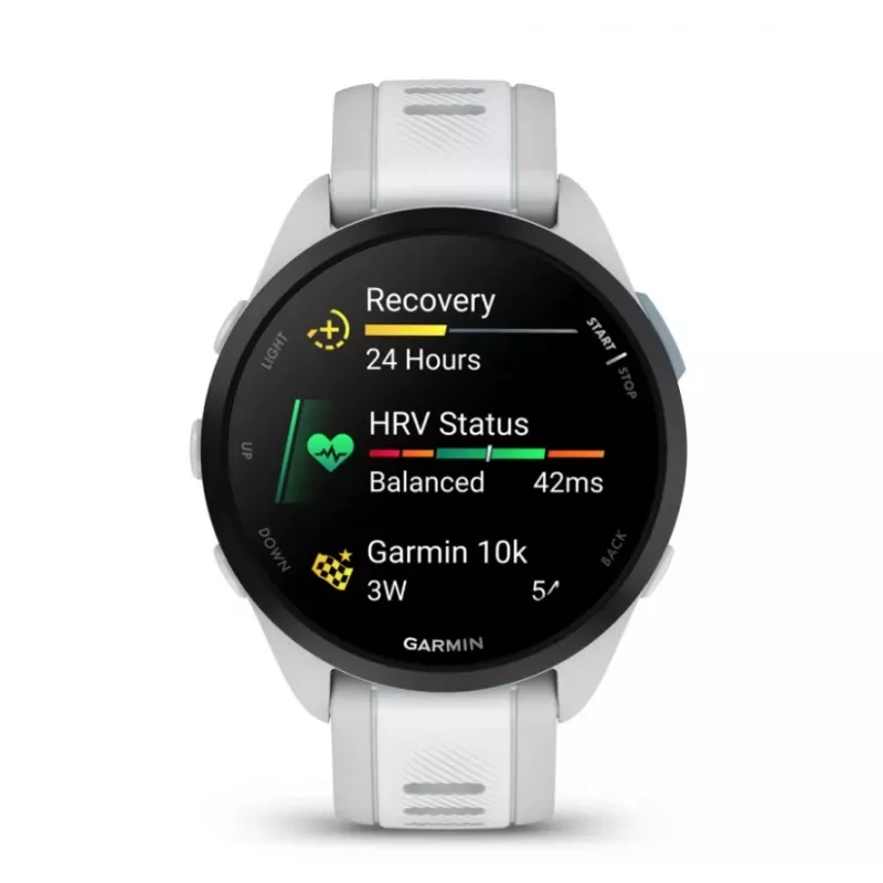 Nutikell GARMIN Forerunner 165 — GPS, AMOLED 1,2 tolli, 4 GB, 5 ATM, aku kestvus 11 päeva, hall korpus, valge rihm