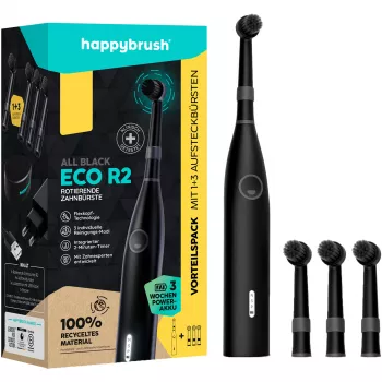 happybrush ECO R2 Allblack, Erwachsener, Vibrierende Zahnbürste, Tiefenreinigung, Polieren, Sensibel, 8800 Bewegungen pro Minute, Schwarz, Deutschland