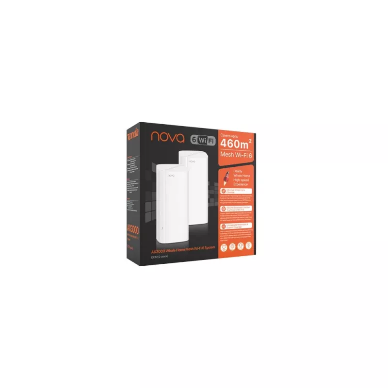 Traadita ruuter TENDA EX12 2-Pack kaheribaline 2,4/5 GHz Wi‑Fi 6E, 4 sisemist antenni, 3 LAN-porti