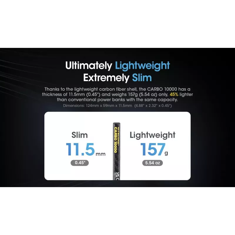 Kaasaskantav akupank Nitecore CARBO 10000 — liitiumioon 10000 mAh, 38 W PD, USB‑A + USB‑C, hall