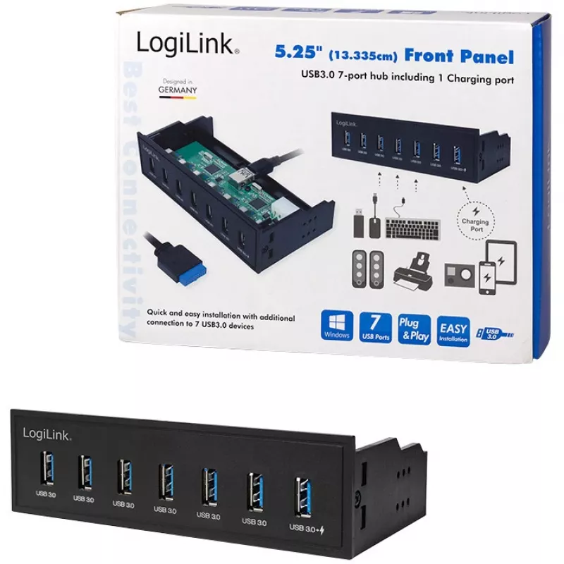LogiLink USB 3.0 jaotur, 7-port 5.25 sisemine, kiirlaadimispordiga - Jaotur - 6 x SuperSpeed USB 3.0 + 1 x SuperSpeed USB 3.0 (laadimine)