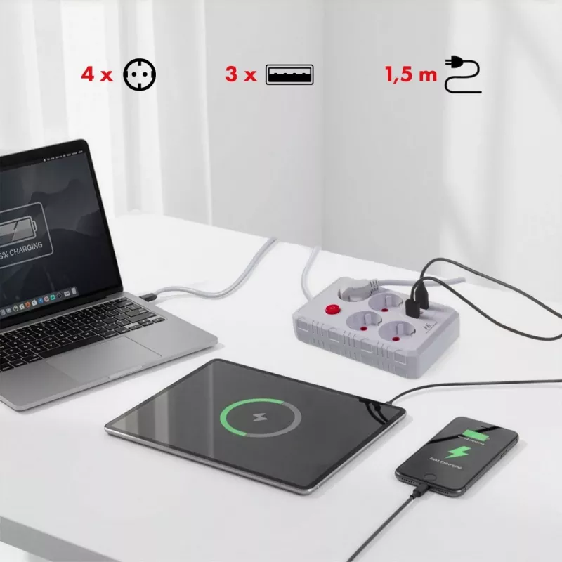Pikendusjuhe MACLEAN MCE392 W — 4 F-pesa, 3×USB A, 110–240V, 2,1A max, 2500W, 1,5 m kaabel, valge