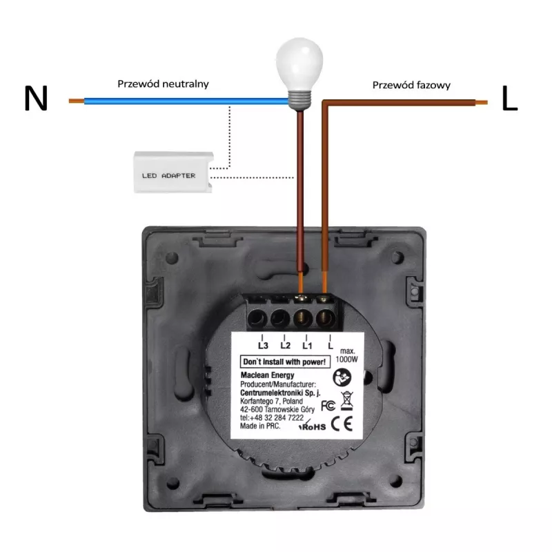 Puutelüliti MACLEAN MCE702W — ühe ümmarguse klaasnupuga, juhtmega, 110–240 V, 2 A, 1000 W, valge