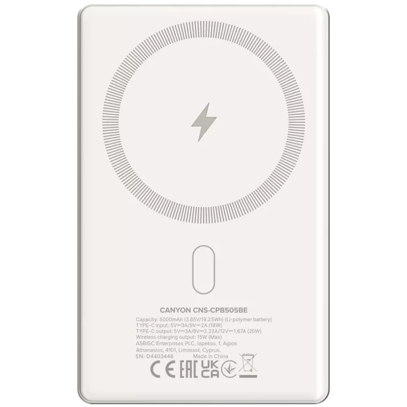 Canyon OnPower 505 - Powerbank - 5.000 mAh - sisend USB-C - väljund USB-C PD 20W + juhtmevaba magnet 1