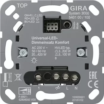 Seinale paigaldatav dimmerimoodul Gira S3000 Uni-LED-Dimmeins. Komfort 540100 LED-valgustusele