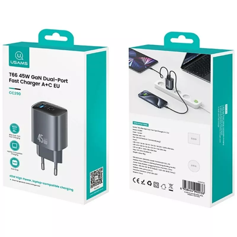 Laadija T66 45W GaN CC290 USB-A + USB-C