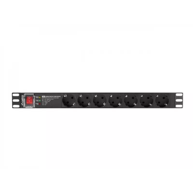 Toitejaotusseade LANBERG PDU-PRO-07F-0200-BK — 1U rack PDU, 7 Type F pistikupesa, 16 A, 2 m kaabel, must