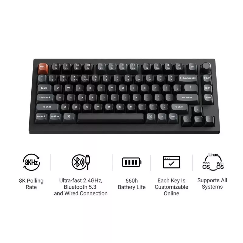 Mehaaniline klaviatuur Keychron V1 Ultra 8K — 75% vormitegur, QWERTY, Bluetooth, RGB, Must