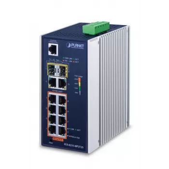 Hallatav lüliti PLANET IGS-4215-8P2T2S — 10× Gigabit RJ-45, 2× SFP, 8× PoE+ (240 W), 48–56 V DC, L2/L4, IP30, DIN/seinale paigaldatav