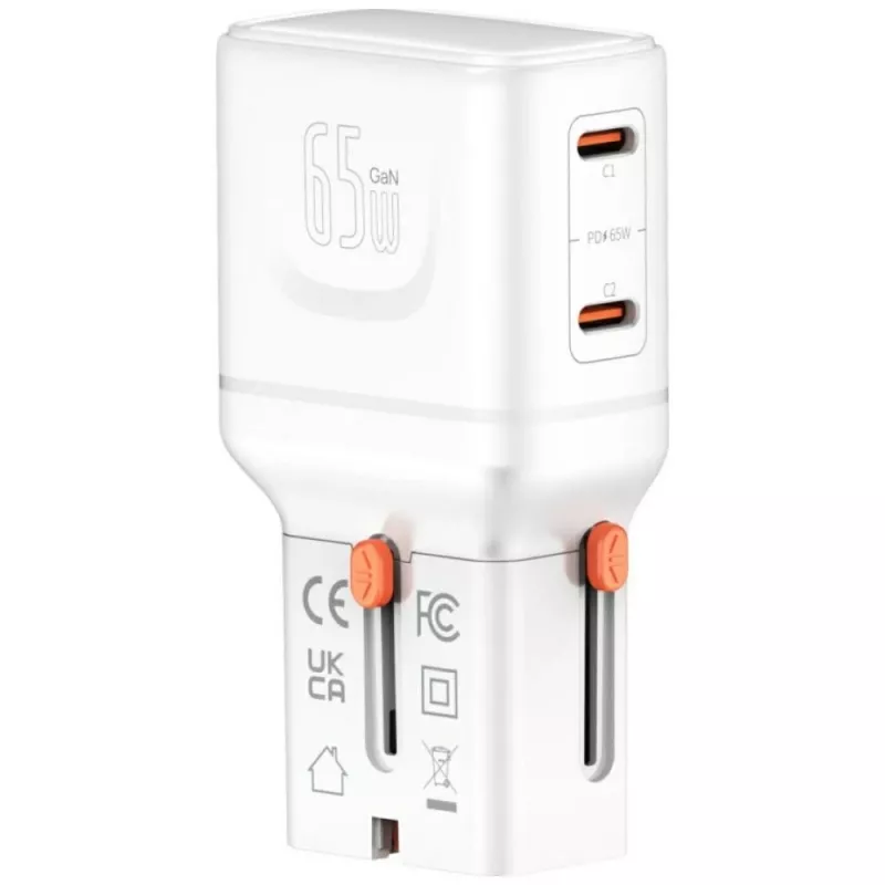 Reisilaadur World 65W USB-C + USB-A valge