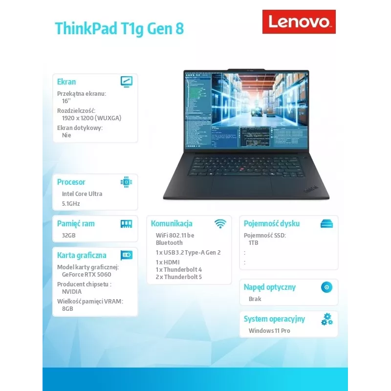 Ultrabook Lenovo ThinkPad T1G G8 255H protsessor, 32GB muutmälu, 1TB SSD, NVIDIA RTX 5080 8GB, 16.0-tolline WUXGA, Windows 11 Pro