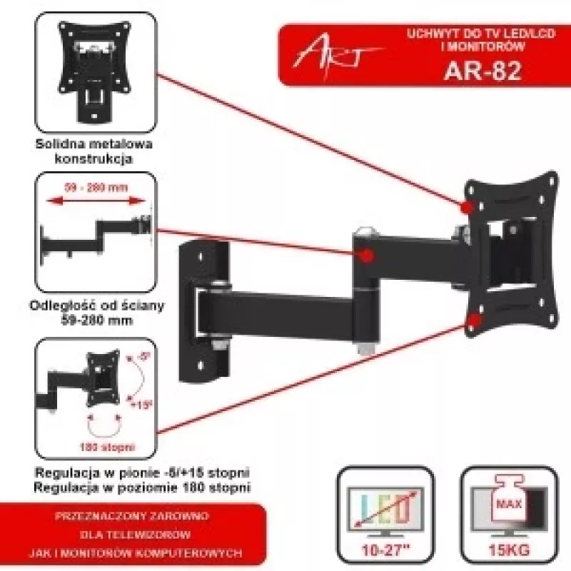 Hoidik teleri LCD/LED 10-27 15KG AR-82 reguleerimine vertikaalne/horisontaalne 28cm