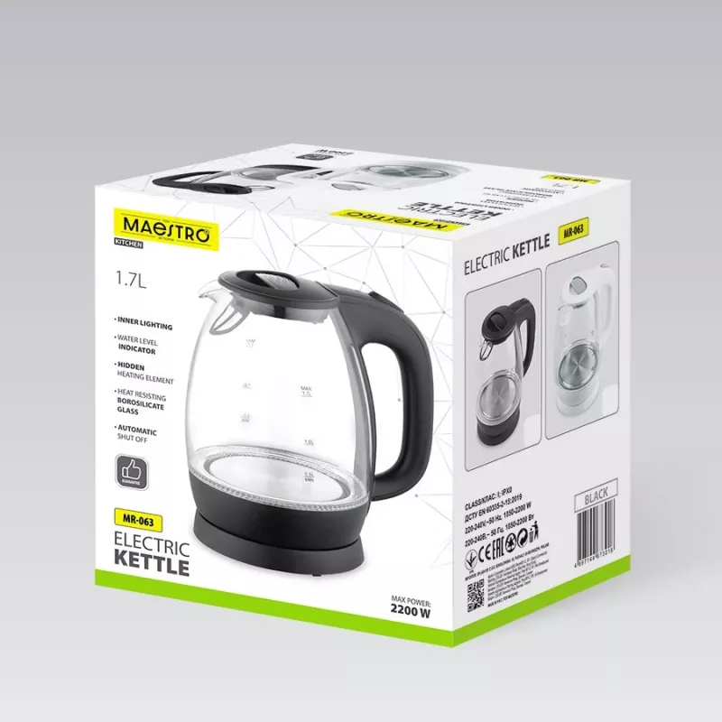 Elektriline klaasveekeetja Maestro MR-063-Must, 2200 W, klaaskorpus, juhtmeta alus