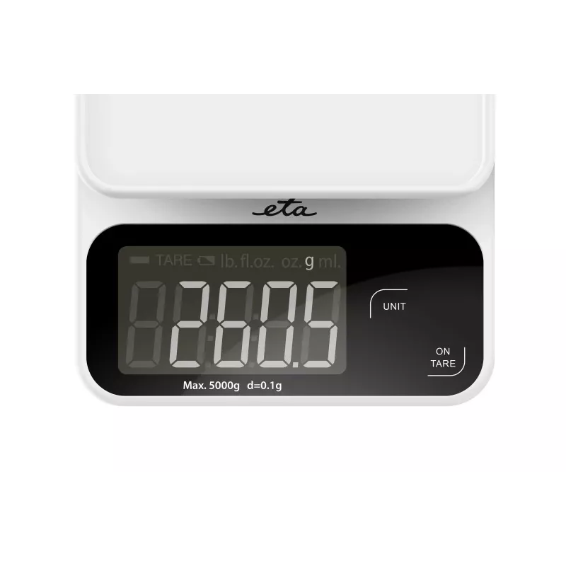 Elektrooniline köögikaal ETA POPI Valge — max 5 kg, täpsus 1 g, LCD-ekraan, AAA patareid