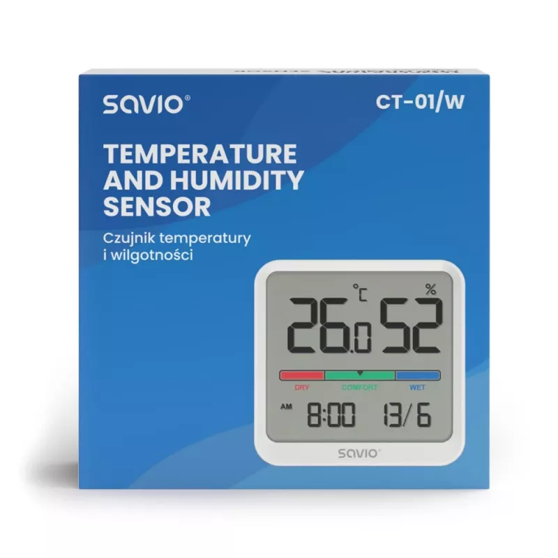 Siseõhu temperatuuri ja niiskuse andur SAVIO CT-01/W, LCD-ekraan, -10–55 °C, 10–99 % RH, aku CR2032