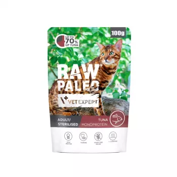 Märg kassitoit VETEXPERT Raw Paleo Adult Sterilised Tuunikala 100 g kotike, valk 10,3%, rasv 4%, niiskus 77%
