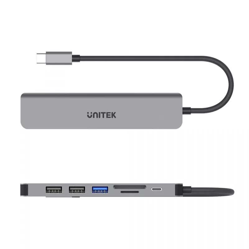 USB-C Hub Unitek 7in1 Alumiinium PD 100W 5 Gbps — multipordiadapter Power Delivery funktsiooniga