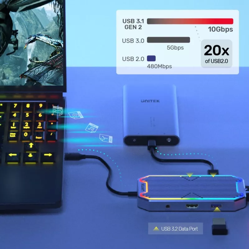 USB-jaotur Unitek uHUB S7+ — juhtmega USB 3.2 Gen 2 USB-C, 100 W PD, Gigabit Ethernet, 4K tugi, kosmosehall