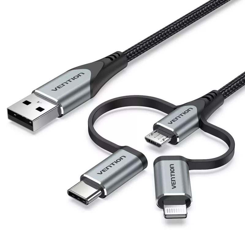 Vention USB 2.0 A isane 3-in-1 Micro-B&USB-C&Lightning isasele kaablile 1M Hall alumiiniumsulamist tüüp
