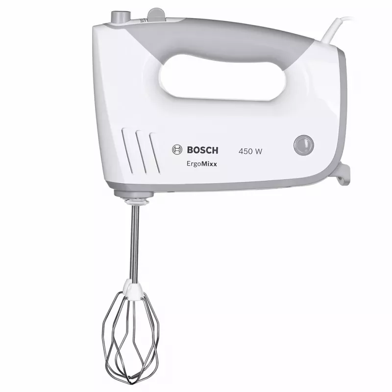 Käsisegisti Bosch MFQ36480 – 450 W, 5 kiirust turboga, hall/valge, visplid ja taignakonksud