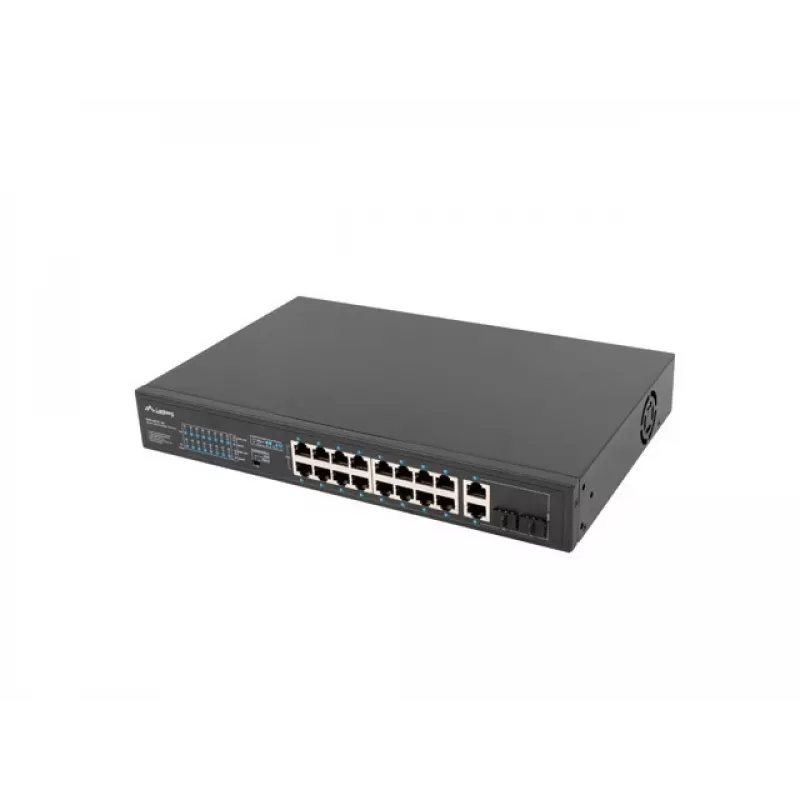 Haldamatu lüliti LANBERG RSFE-16P-2C-150 — 18 pordiga Gigabit, 16 PoE+/2 SFP, 150 W koguvõimsus, 1U riiul, metall, must
