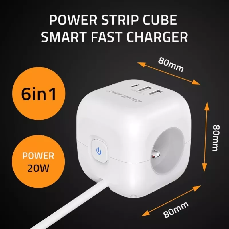 Toitepistik QOLTEC 52547 3× vahelduvvoolupistikupesa, 2× USB-A, 1× USB-C PD 20W