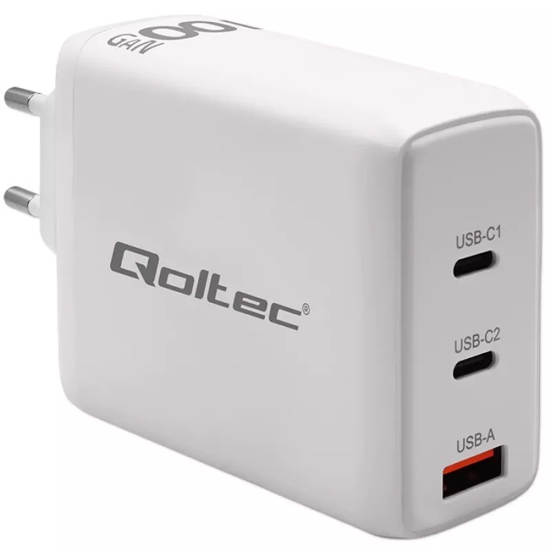 Laadija QOLTEC 100W GaN USB-C Dual PD 5–20V 1.5–5A, 2×USB-C