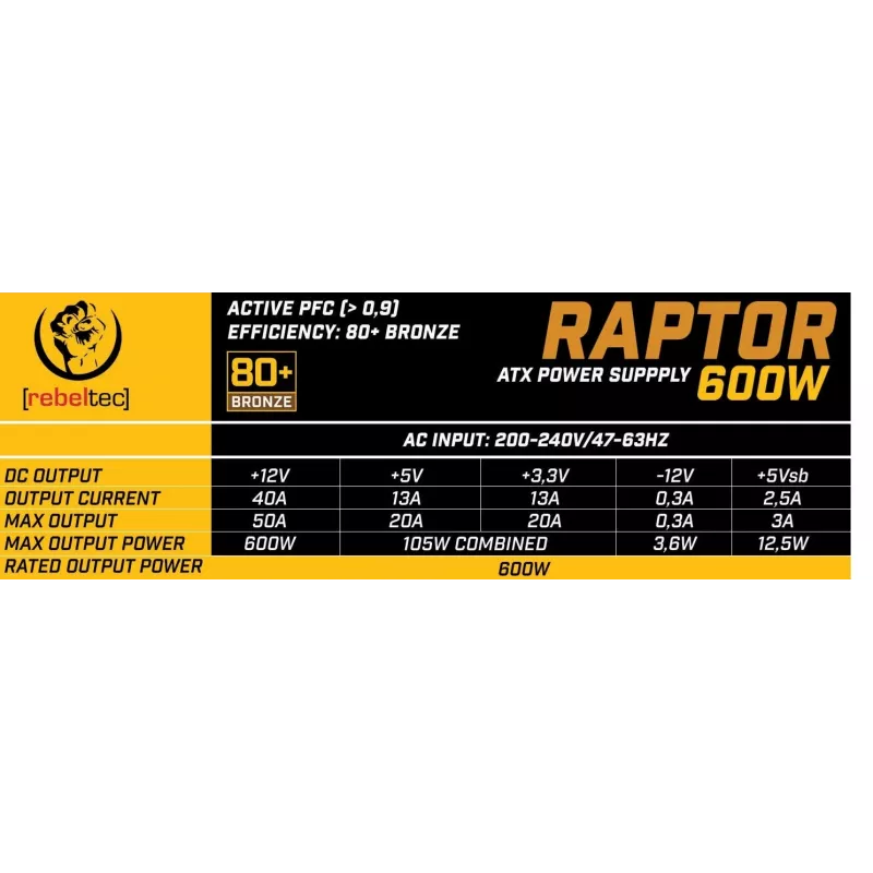 Toiteplokk RAPTOR 600W BRONZE 80+, üheliiniline, DC-DC
