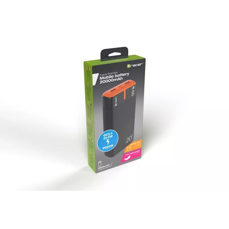 TRACER EnerGen 20000 mAh akupank, Power Delivery 20W, USB-C sisend, 2×USB-A väljundit, toetab 3 seadet, oranž
