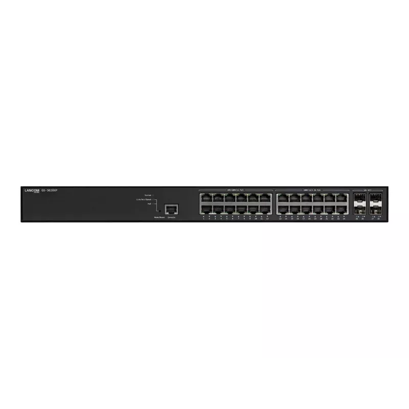 Hallatav LANCOM GS-3628XP kommutaator, 24× 2.5G RJ-45 porti, PoE, L2/L3, 1U raamile paigaldatav