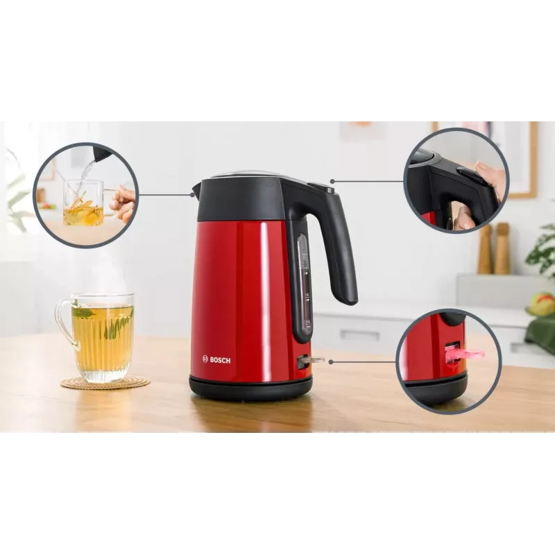 Elektriline veekeetja Bosch TWK7L464 — 1,7 L maht, 2400 W, punane, plastikust korpus