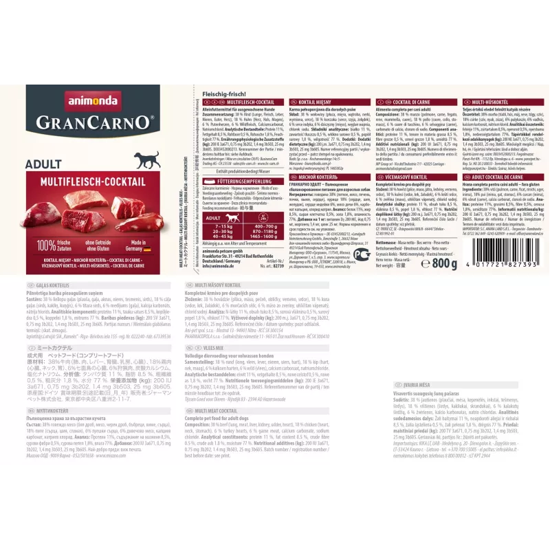 Märg koeratoit Animonda GranCarno Multi Meat Cocktail 800 g — veis, kana, uluk, süda, kalkun, täiskasvanud