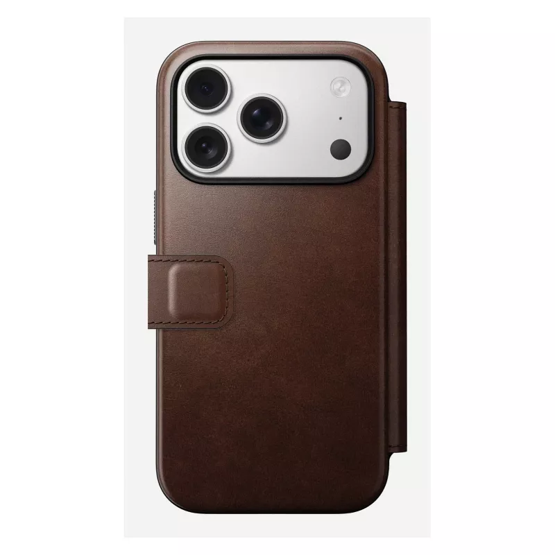 Mobiiltelefoni ümbris Nomad Modern Leather Folio iPhone 17 Pro jaoks, nahk/alumiinium, 16 cm (6,3 tolli) pruun, 4 kaarditaskut