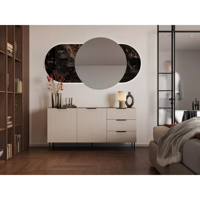 Kummut cama meble ALMERA 156×42×75 cm, pähkel/kašmiir, 3 sahtlit, puitlaastplaat