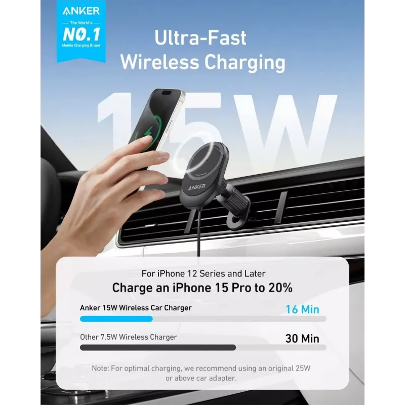 Juhtmeta magnetiline auto laadija Anker MagGo 15W — Magnetiline 15W Qi kiirlaadimine nutitelefonidele, must