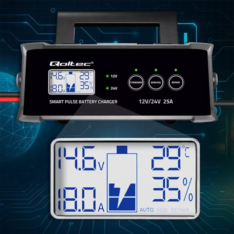 Akulaadija QOLTEC 52514 — 12V/24V, 25A, AGM/GEL/SLA akudele, LCD-ekraaniga