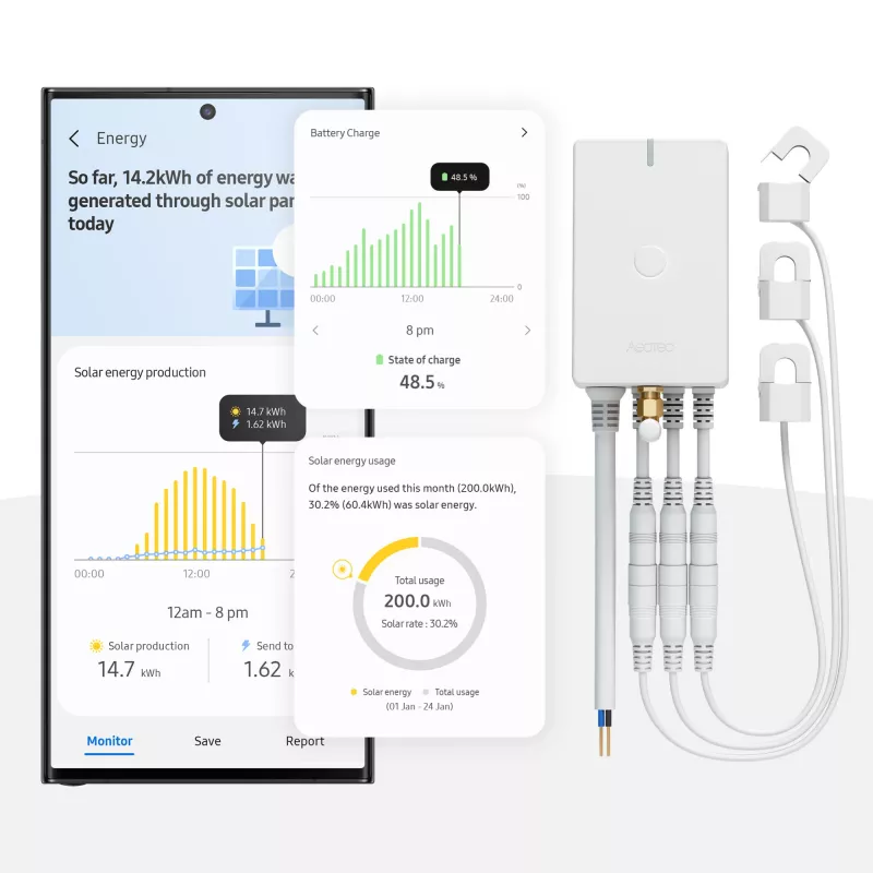 Energiaarvesti AEOTEC AEOEZWA046C3A60 — kolme klemmiga 60A Z-Wave'iga ühe- või kolmefaasiliseks seireks