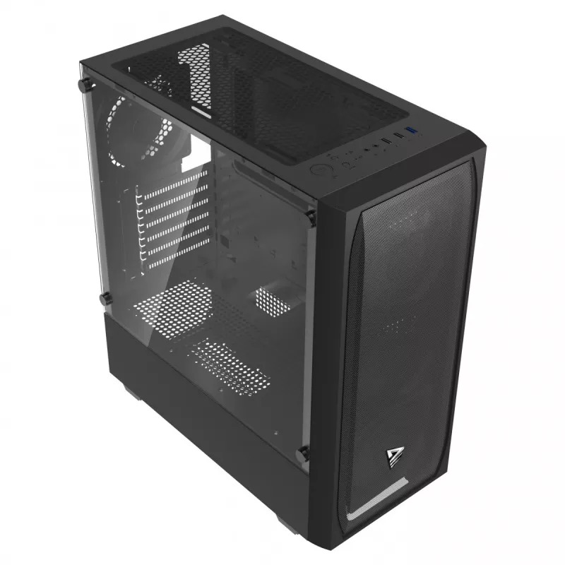 Arvuti korpus SAVIO Noctis Flow — kuubikujuline, Mini‑ITX/Micro‑ATX/ATX, 3x120 mm ees, 1x120 mm taga, 2x3,5 tolli + 3x2,5 tolli pesad, karastatud klaas