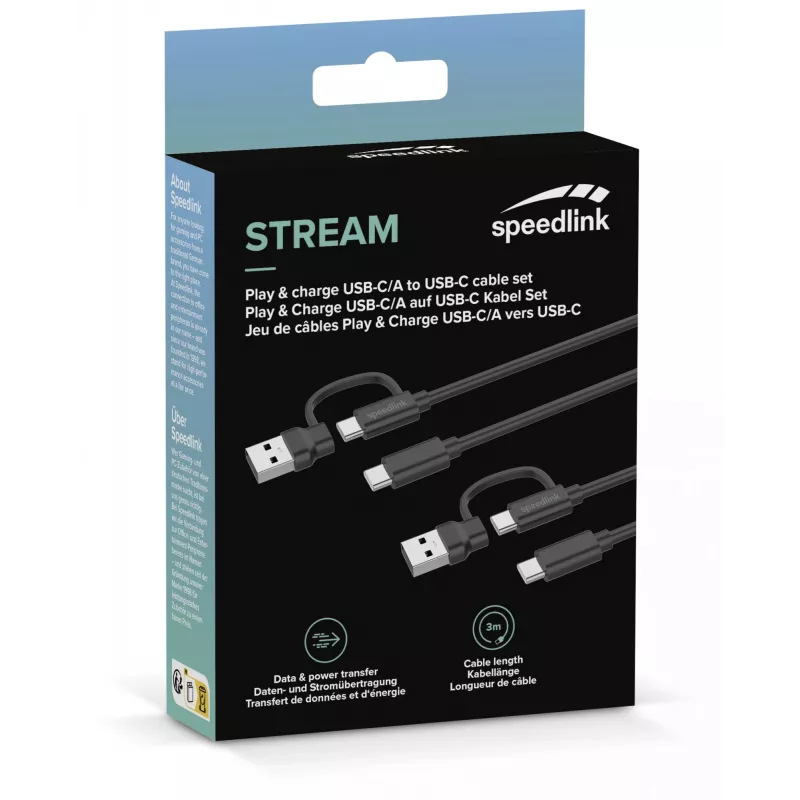 USB 3.2 Gen 1 (3.1 Gen 1) kaabel Speedlink SL-460101-BK, 3 m, USB A/USB C to USB C, must